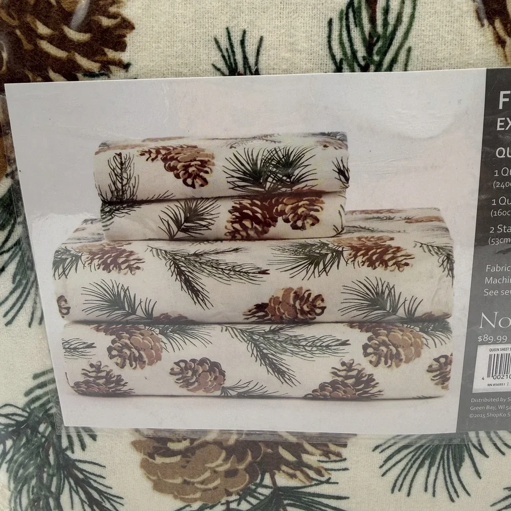 North Crest Home Flannel Sheet Set QUEEN Extra Soft Pine Cones Trees NEW